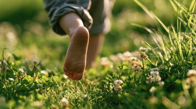 Barefoot child's foot steps through green grass and small white flowers