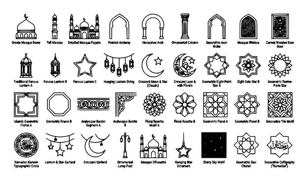 Ramadan Islamic Architectural Ornament Lantern Crescent Thin Line Vector Collection