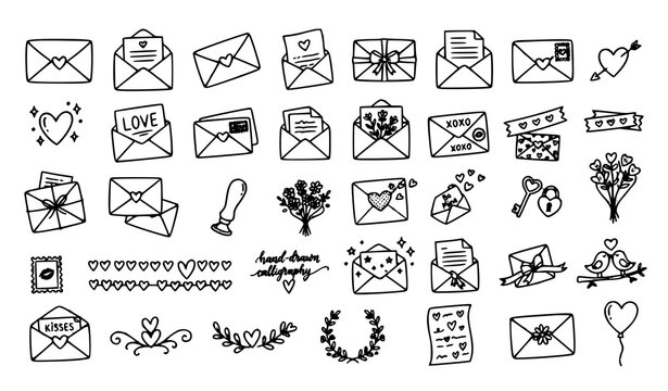 Love Letter Envelope Heart Romantic Doodle Thin Line Vector Icon Collection