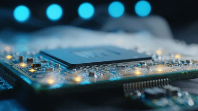 Close-up of a modern computer circuit board with glowing lights.