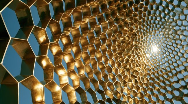 Golden hexagonal lattice tunnel vanishing into light, abstract