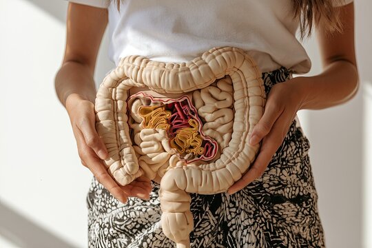 A person holds a detailed anatomical model of the human digestive system