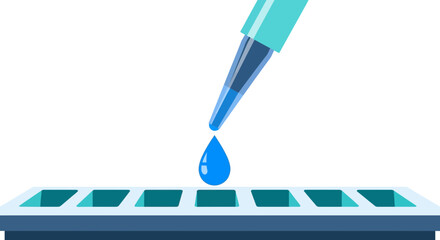Fototapeta premium Laboratory Pipette Dropping Blue Liquid Sample into Microplate Well, Medical Scientific Research and Biotechnology Vector Illustration Concept