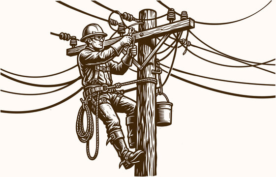 Utility worker climbing power pole with electrical cables and safety gear, hand drawn vintage engraving, electrical service vector illustration.
