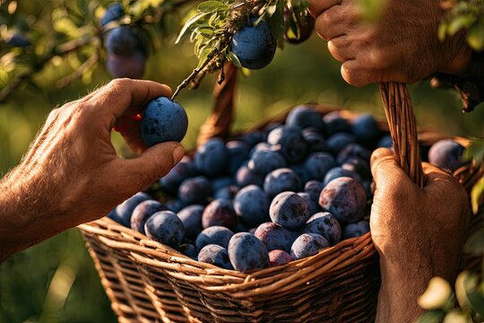 Hands harvesting ripe, dark blue plums into a wicker basket amidst leafy branches