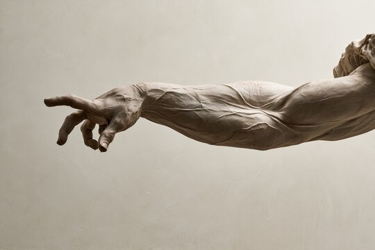 Sculpted human arm, muscles defined, reaching outward