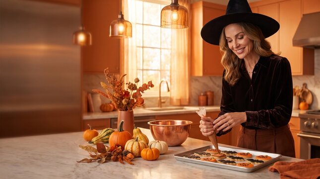 Smiling witch in black hat decorating Halloween cookies in cozy autumn kitchen