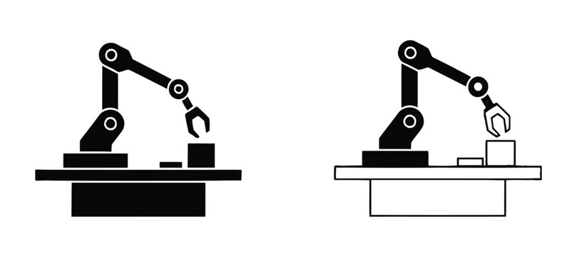 Industrial Robotic Arm Icons for Automation and Manufacturing. Modern vector icon of an industrial robotic arm and automation robot for manufacturing, smart factory and engineering design projects.