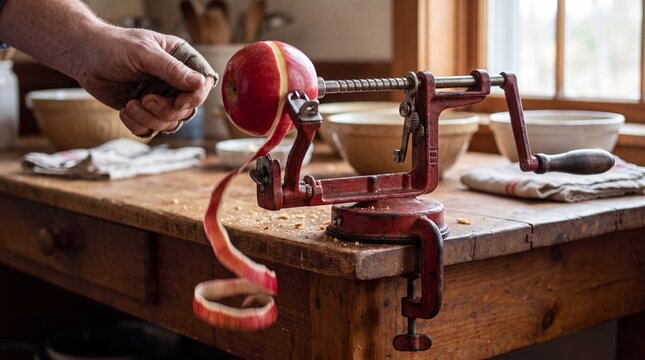 Vintage Apple Peeler in Action: Hand preparing fruit with a crank peeler on a rustic wooden table, with bowls and window in the background.