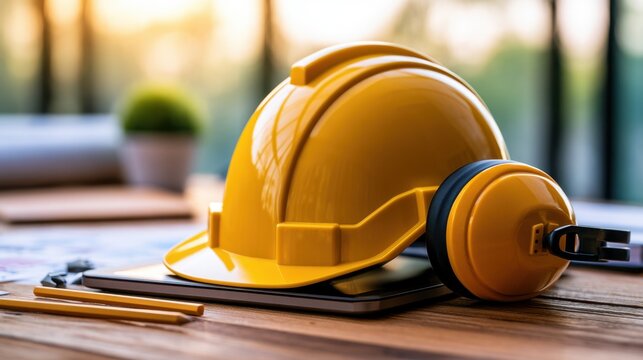 Yellow construction helmet and hearing protection placed on wooden table with blurred background for safety at work and construction site themes