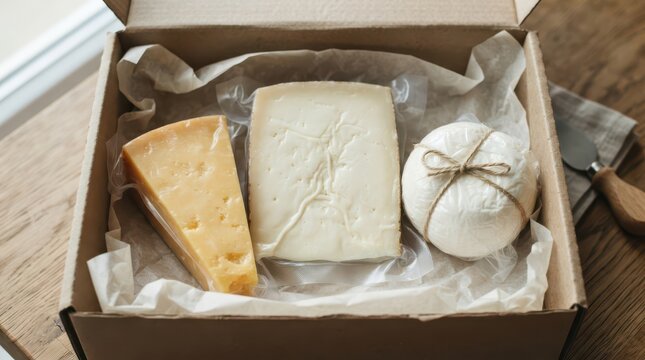 Assortment of various gourmet cheeses in a cardboard box
