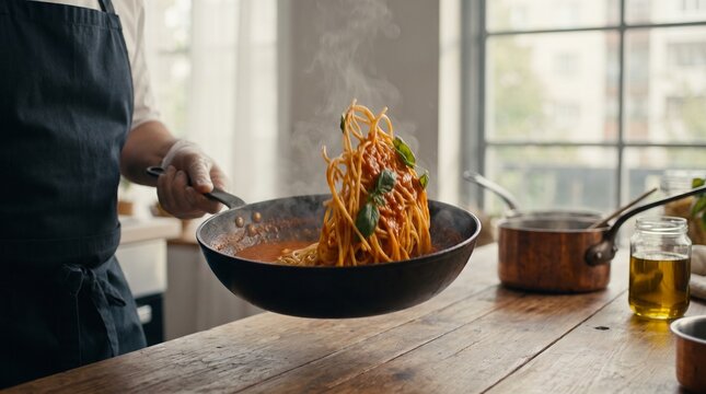 Chef preparing delicious spaghetti pasta with tomato sauce in pan with rising steam