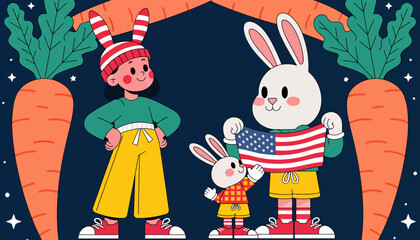 Naklejka premium patriotic rabbits and child in american themed outfit