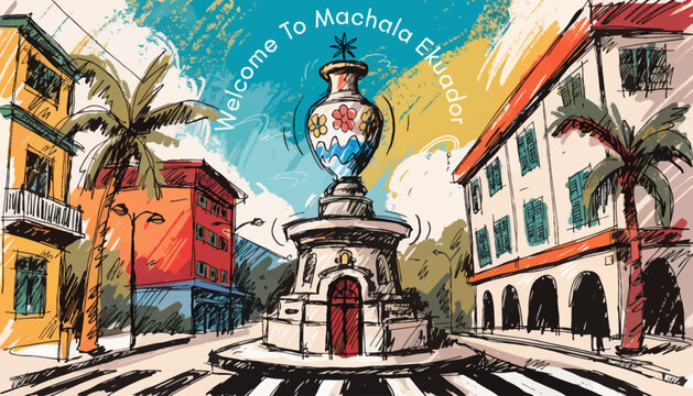 Machala Ecuador cityscape with colorful buildings and monument