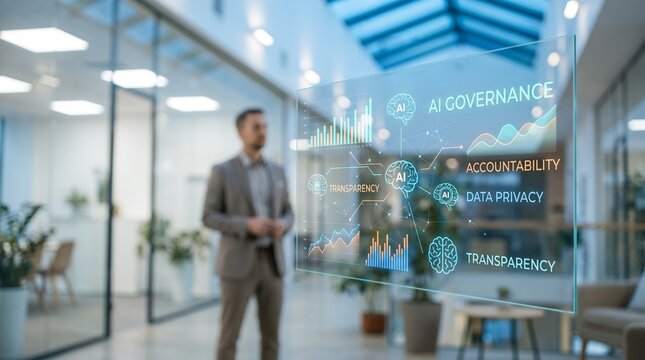 A man in a modern office interacting with a holographic display showing AI governance concepts like accountability, data privacy, and transparency.
