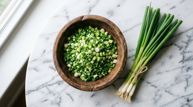 Fresh green onions and a wooden bowl filled with chopped scallions on a marble surface