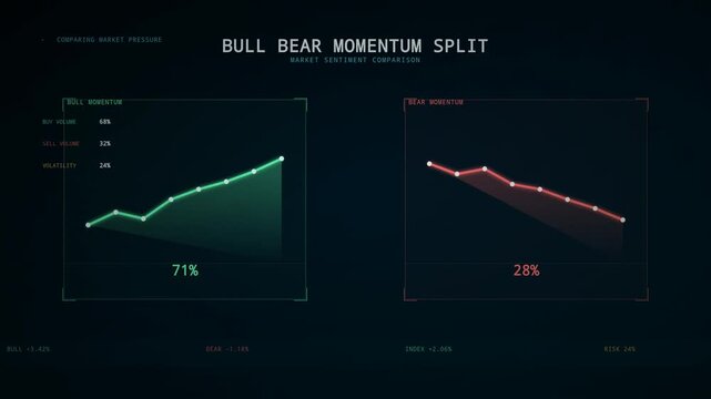 Bull Bear Momentum Split with Animated Market Sentiment Comparison Charts Displaying Financial Data and Trading Signals on a Digital Interface