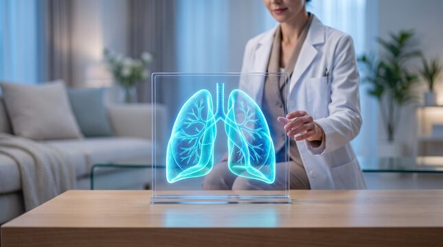A medical professional examining a glowing blue holographic human lung display in a modern setting, showcasing advanced diagnostic technology.