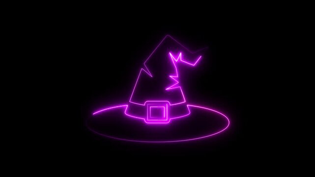 Vibrant neon witch hat with a buckle illuminated in purple and pink on black