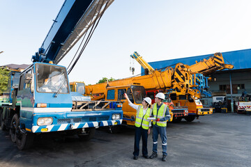At a lifting equipment yard, an inspection involves male and female engineers assessing the crane boom holding a clipboard © JD Studio