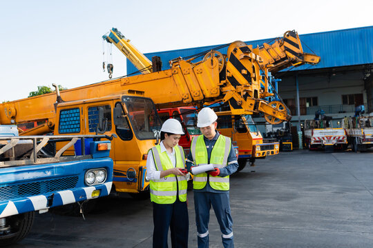 At this crane facility, preventive maintenance duties start while male and female workers in hardhats examine a clipboard