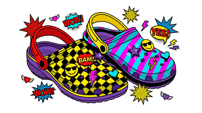Vibrant and Funky Crocs Shoes with Comic Book Style Decorations.