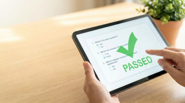 Online test access on digital tablet shows passed result with technology concept for education and learning success