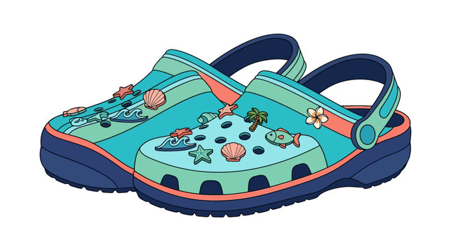 Cute Cartoon Crocs Shoes with Ocean Theme Decorations.