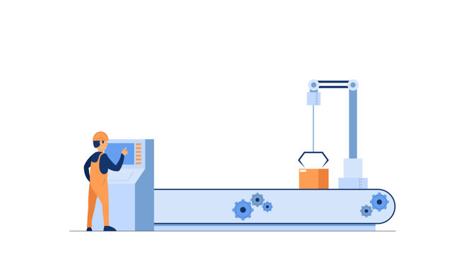 industrial machine operation illustration with worker and packaging box for element design presentation