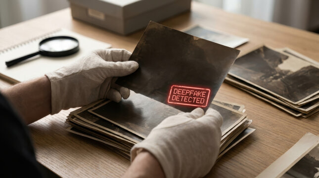 Vintage photo gloves deepfake detected magnifying glass old photograph wooden table social media disinformation investigation retro detective