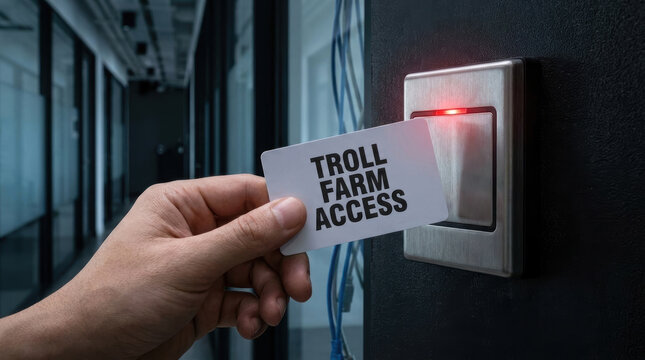 Social media disinformation concept with hand holding access card near security reader in modern office corridor