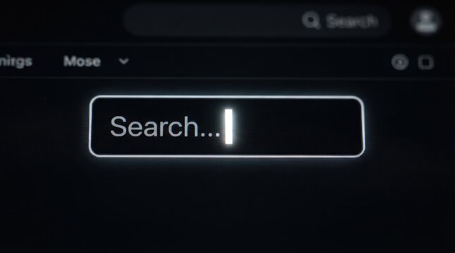 Dark search bar interface with glowing cursor suggests online digital submission and web navigation