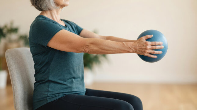 Senior woman performing arm exercise with weighted ball for osteoporosis prevention and healthy aging