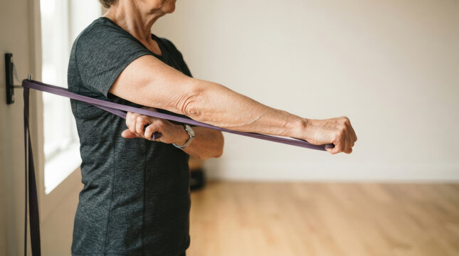 Senior woman performs arm exercise with resistance band for osteoporosis prevention and strength at home