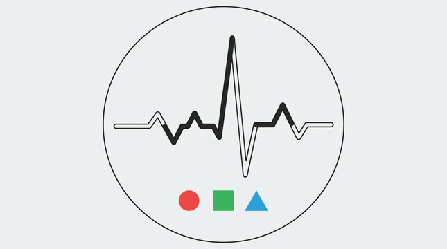 Flat design heartbeat line graph icon with basic shapes below, isolated on white background