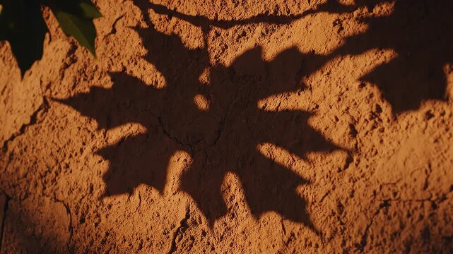 Shadow of a maple leaf on textured clay wall