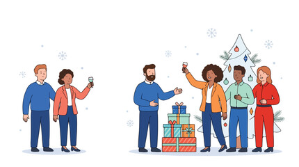 Obraz premium Festive Gathering by the Christmas Tree: A group of diverse people enjoys a holiday celebration, toasting with drinks beside a beautifully decorated Christmas tree and stacks of wrapped presents.
