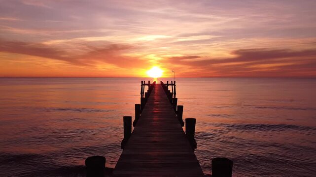 Wooden pier leading towards a vibrant sunset over calm ocean