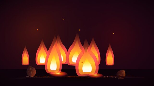 Stylized animated fire flames glowing with sparks in dark night