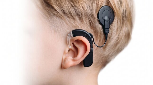 Close Up of Child Ear with Advanced Cochlear Implant and Hearing Aid for Hearing Loss