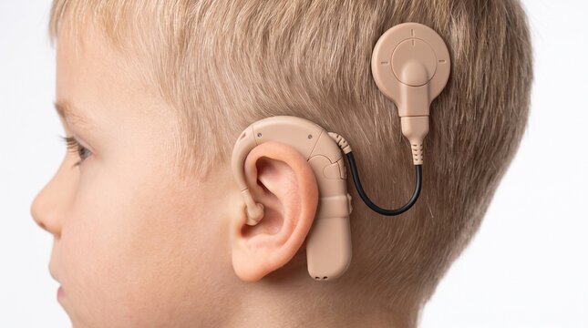 Close Up of Child Ear with Advanced Cochlear Implant and Hearing Aid for Hearing Loss