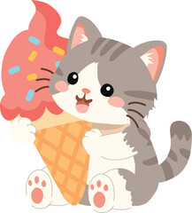 Fototapeta premium Cute Cat Holding Ice Cream Cone Cartoon Kitten Illustration. Cute gray tabby kitten holding a colorful ice cream cone
