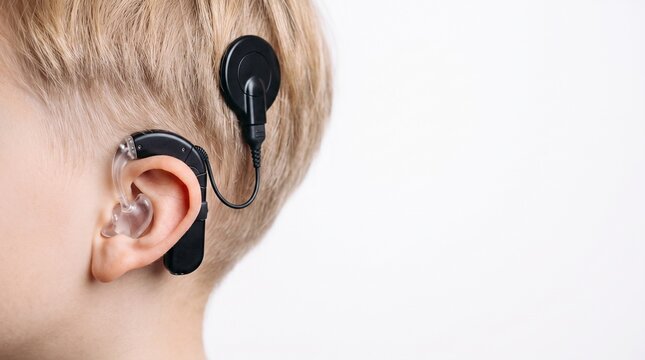 Close Up of Cochlear Implant External Processor and Hearing Aid on Young Child Ear