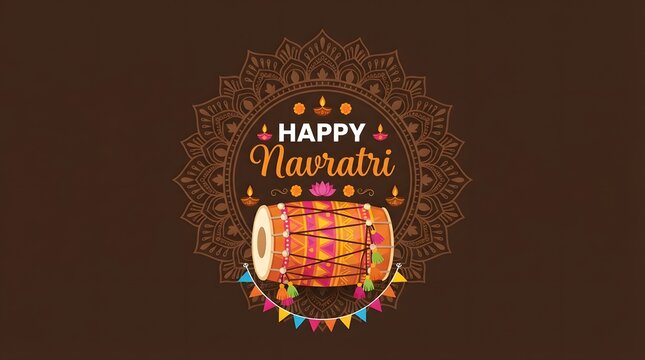 Happy navratri festive background featuring a traditional dhol drum, mandala pattern, and decorative oil lamps