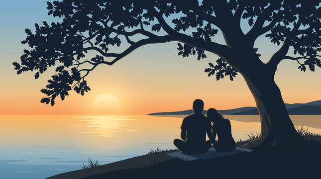 Silhouette couple under tree watching sunset companionship concept vector illustration