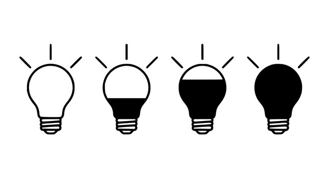 Lightbulb set with four stages featuring empty, half-lit, partially filled, and fully dark bulbs with filament and base