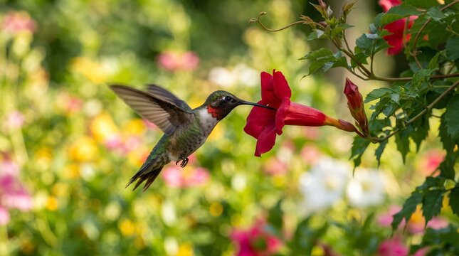 Ruby-throated hummingbird hovering by red flower. Tiny bird drinking nectar in sunny garden. Wildlife photography of hummingbird in flight.