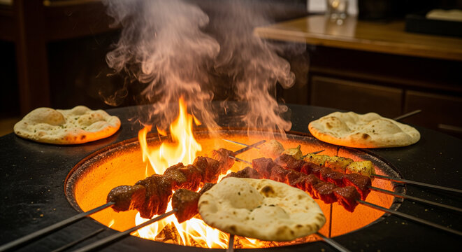 Meat kebabs and fresh flatbread grilling over an open fire pit