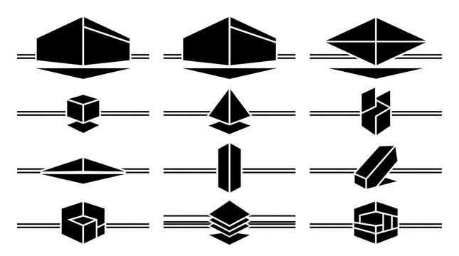 Minimalist geometric logo set, black abstract 3D shapes on white background, modern architectural icons for branding and corporate identity