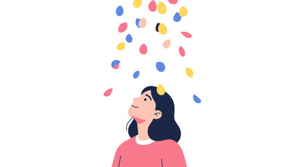 Fototapeta premium Minimalist Illustration of a Happy Young Woman Looking Up at Falling Colorful Petals or Creative Ideas, Concept of Inspiration and Positivity